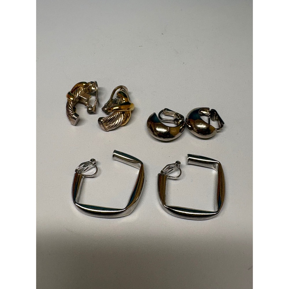 Vintage Clip On Earring Lot 3 Pairs Silver Gold Tone Twisted Dome Square J781 - Picture 2 of 8